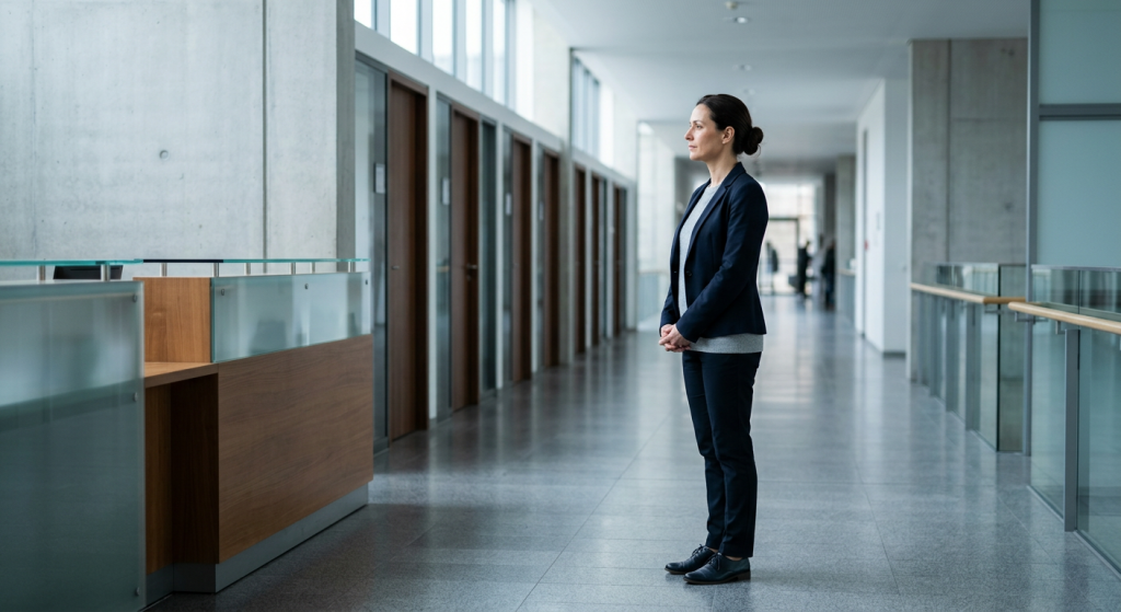 mulher em corredor administrativo iluminado aguardando etapa do Concurso Sefaz SC