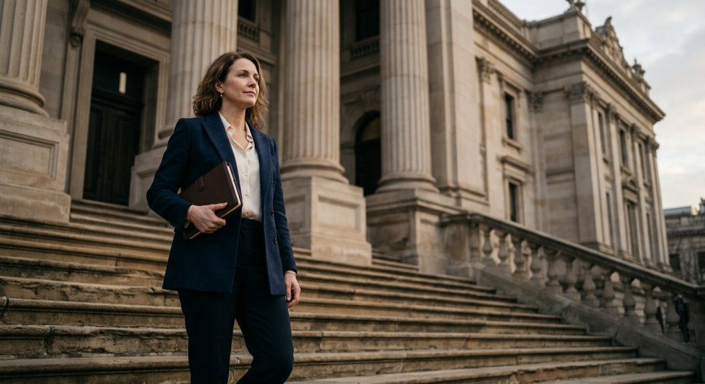 candidata em frente a prédio público com agenda fechada em manhã clara (Concurso TJ MG Juiz)