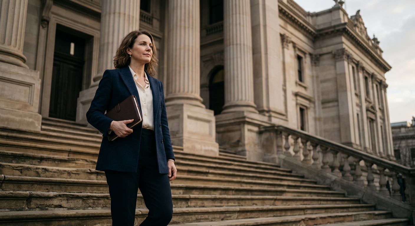 candidata em frente a prédio público com agenda fechada em manhã clara (Concurso TJ MG Juiz)