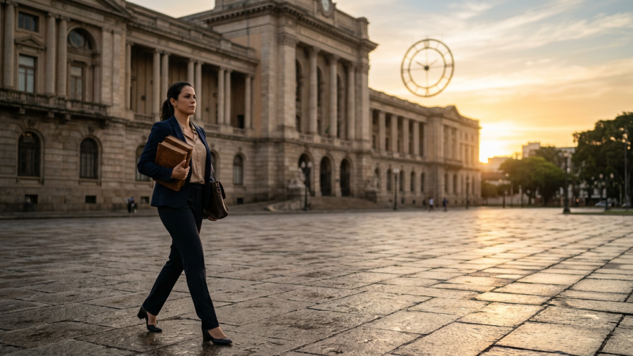 candidata atravessando praça de fórum com livros fechados ao amanhecer (Concurso TJ MG Juiz)