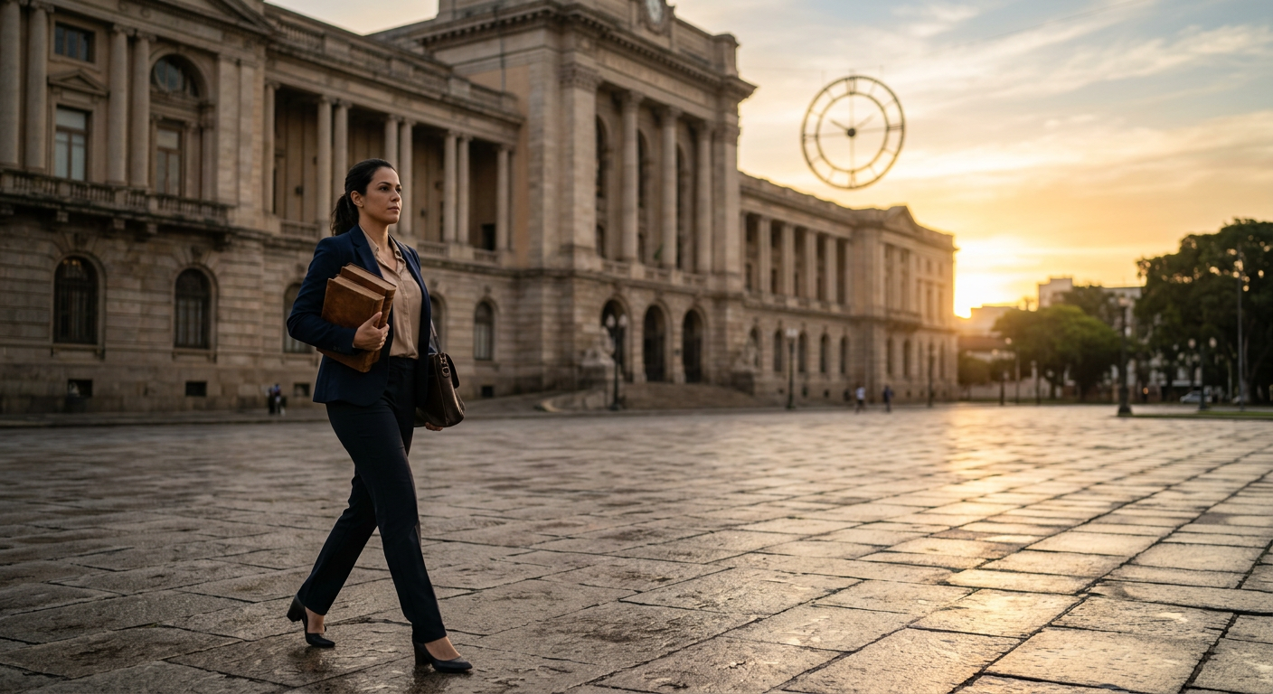 candidata atravessando praça de fórum com livros fechados ao amanhecer (Concurso TJ MG Juiz)
