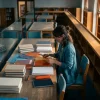 mulher de perfil em biblioteca organizando folhas translúcidas sobre livros sem marcações (alterações legislativas concurso TJ)