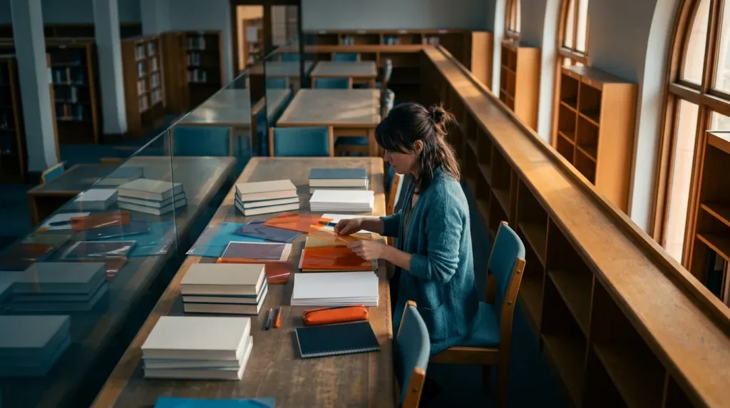 mulher de perfil em biblioteca organizando folhas translúcidas sobre livros sem marcações (alterações legislativas concurso TJ)