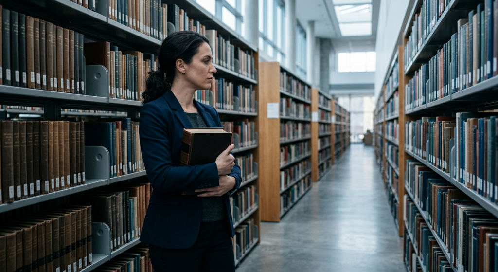 candidata em biblioteca segurando livro fechado para estudar concurso SEFAZ SC