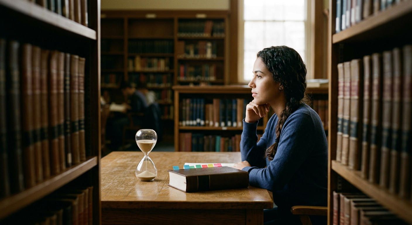 candidata em biblioteca jurídica com livro fechado, marcadores coloridos e ampulheta sobre a mesa (Prova OAB 46 (2ª Fase): acompanhe a Revisão de Véspera!)