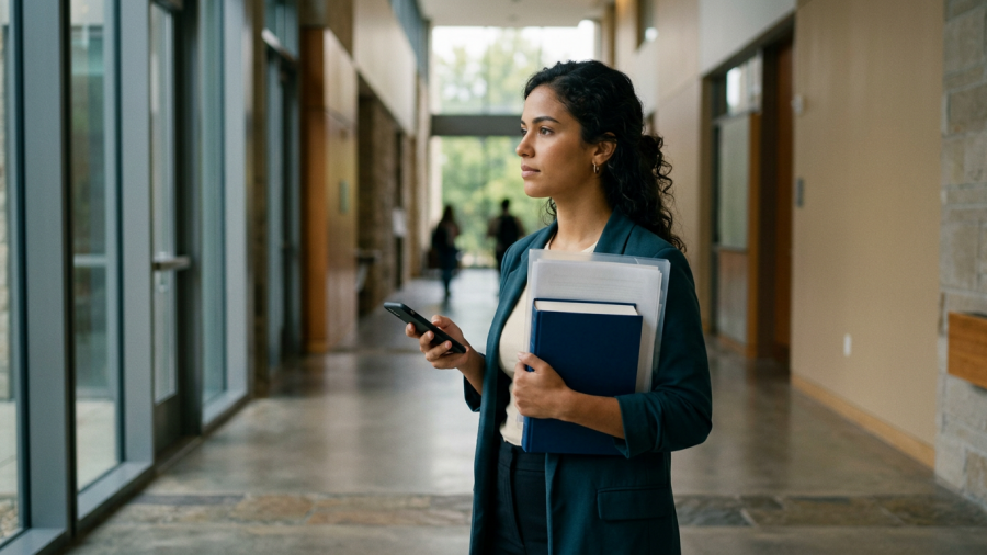 candidata conferindo celular em corredor acadêmico antes de prova jurídica (Edital OAB 46)