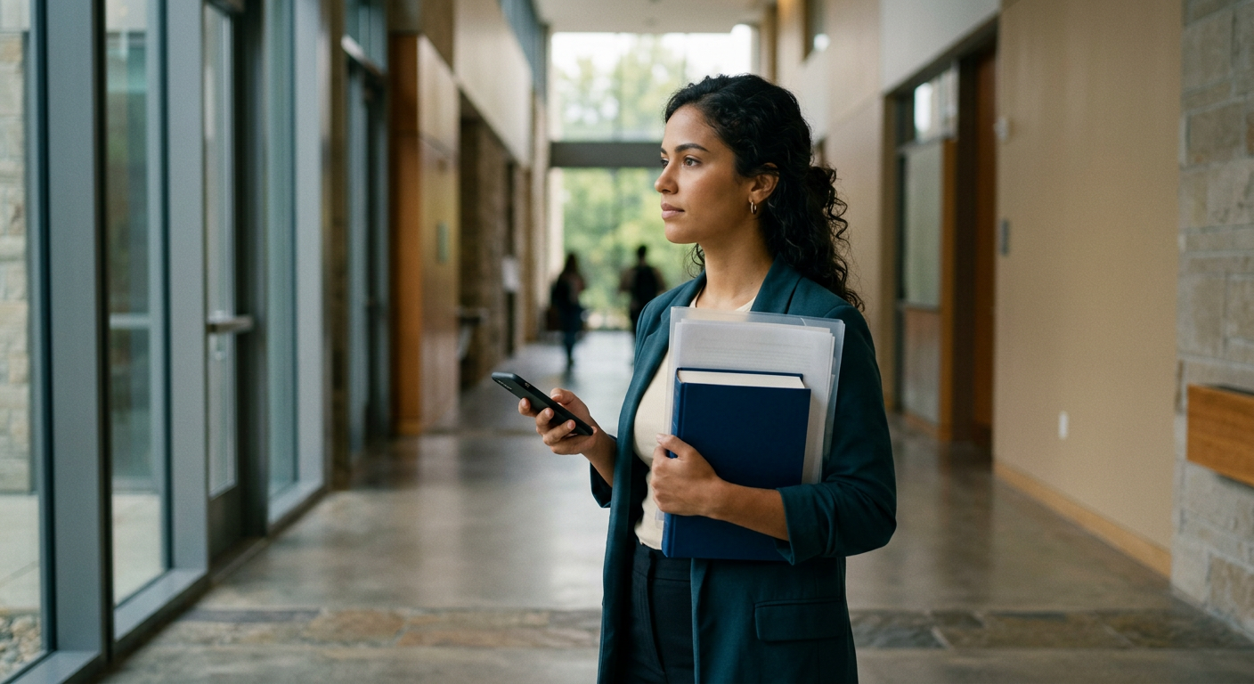 candidata conferindo celular em corredor acadêmico antes de prova jurídica (Edital OAB 46)