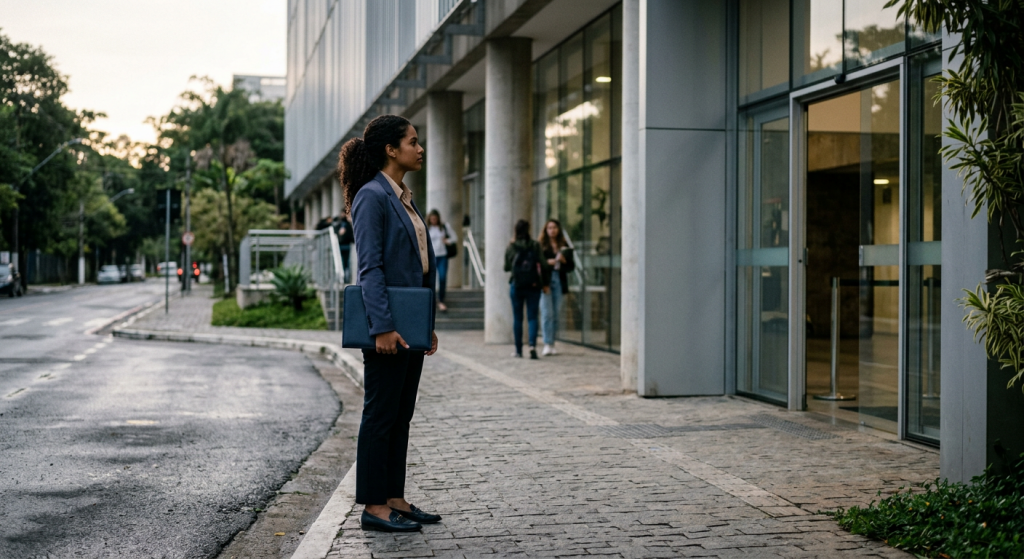 bacharel em Direito diante de prédio de prova com pasta fechada e expressão concentrada (Exame OAB 46 (2ª fase): confira os locais de prova!)