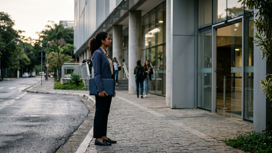 bacharel em Direito diante de prédio de prova com pasta fechada e expressão concentrada (Exame OAB 46 (2ª fase): confira os locais de prova!)