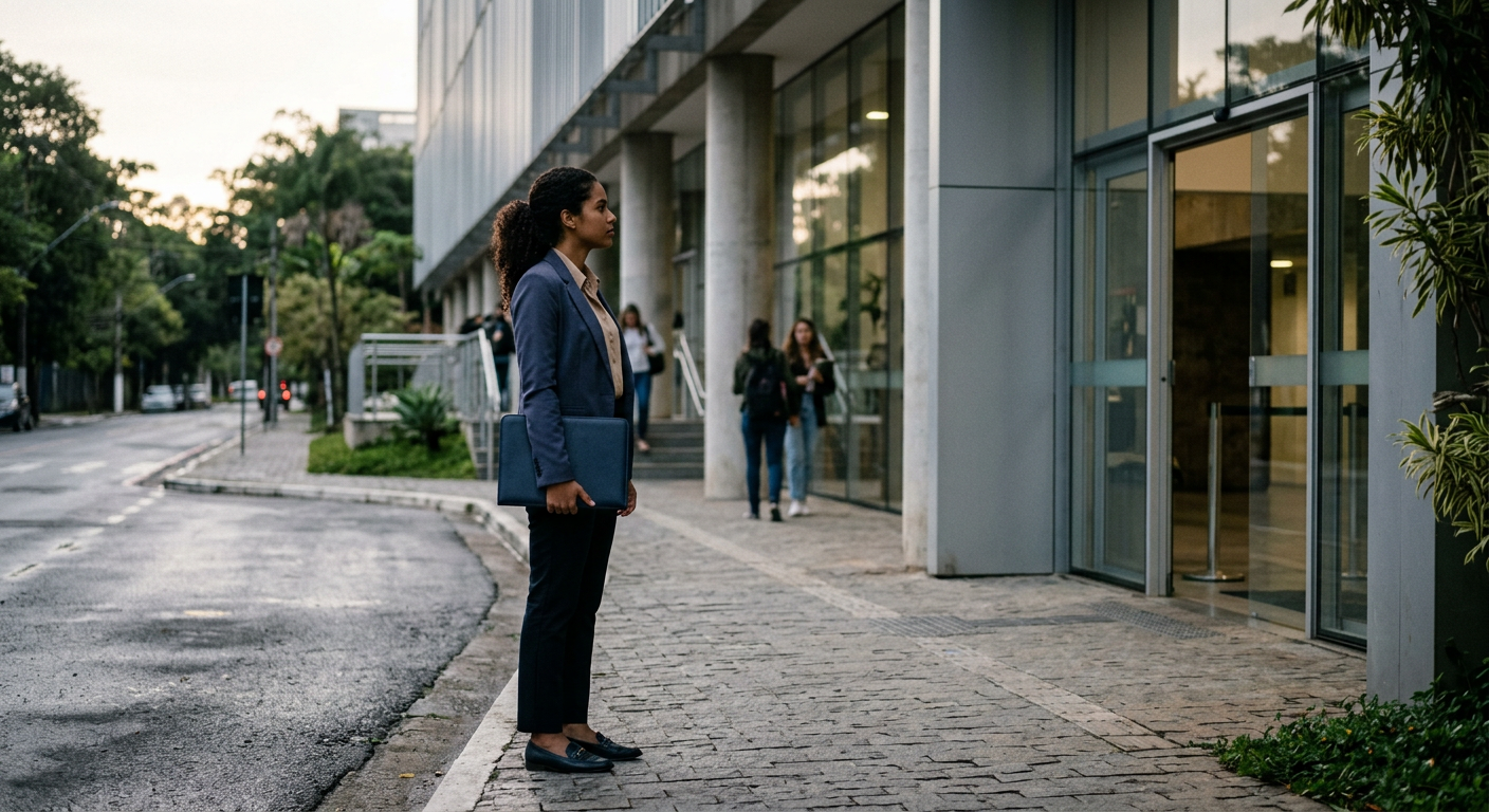 bacharel em Direito diante de prédio de prova com pasta fechada e expressão concentrada (Exame OAB 46 (2ª fase): confira os locais de prova!)