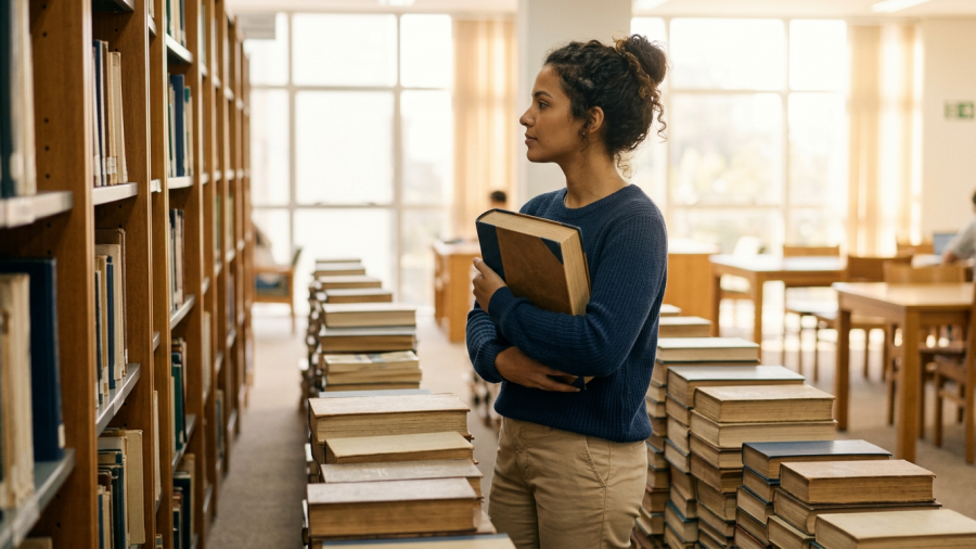 estudante em corredor de biblioteca segurando livro fechado em clima de preparação para OAB (Materiais Gratuitos para a 1ª e 2ª fase da OAB)