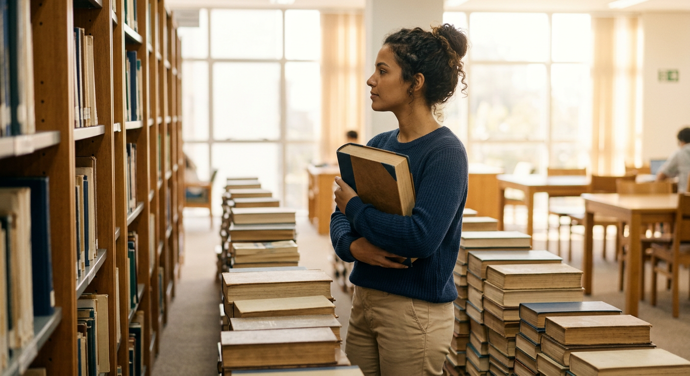 estudante em corredor de biblioteca segurando livro fechado em clima de preparação para OAB (Materiais Gratuitos para a 1ª e 2ª fase da OAB)