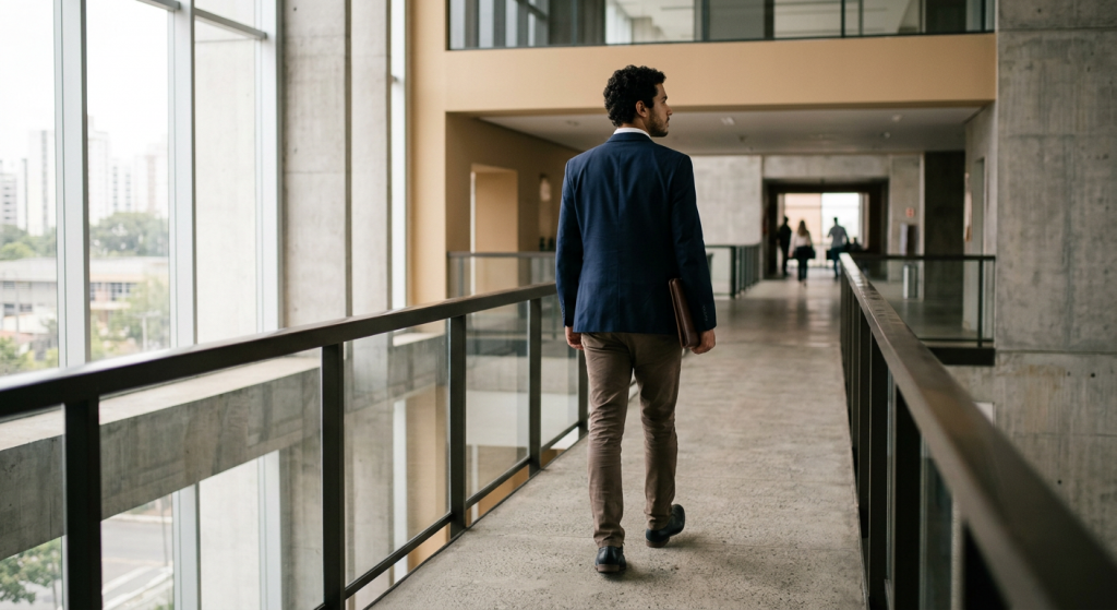 candidato caminhando por corredor público com pasta fechada e luz da manhã ao fundo (Concurso DPE BA)