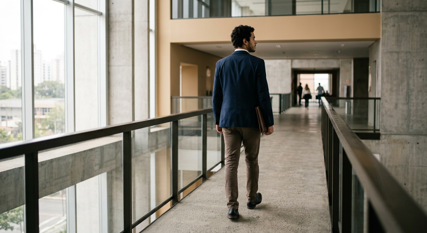 candidato caminhando por corredor público com pasta fechada e luz da manhã ao fundo (Concurso DPE BA)
