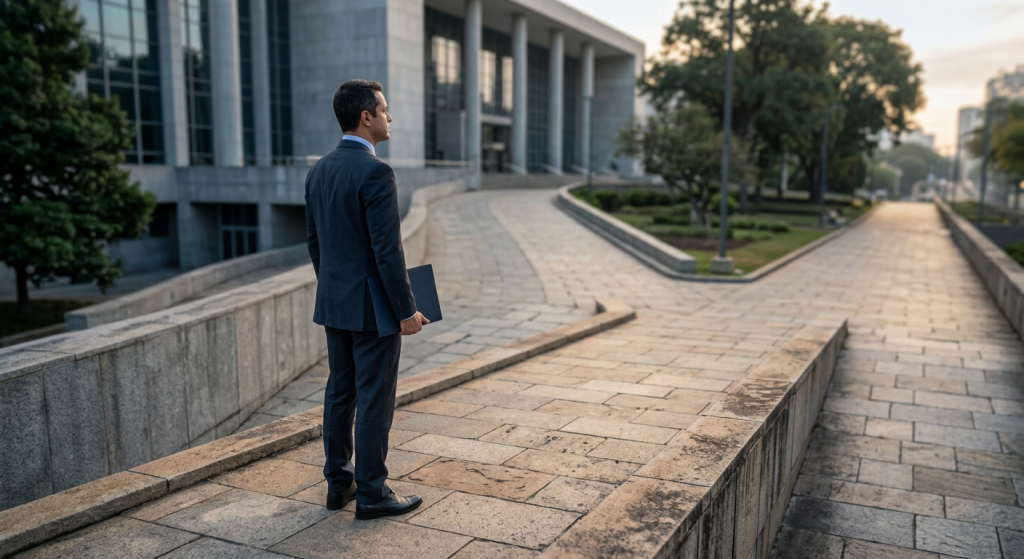 candidato observa caminhos de pedra diante de prédio público antes de estudar concursos juiz
