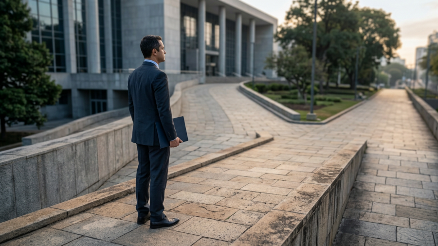 candidato observa caminhos de pedra diante de prédio público antes de estudar concursos juiz