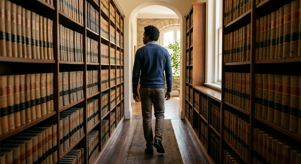 candidato caminhando por corredor de biblioteca jurídica com livros sem identificação (Concurso Delegado MA)