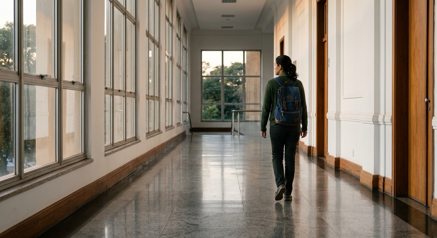 candidato caminhando em corredor de prédio público com mochila e luz lateral (concursos federais)