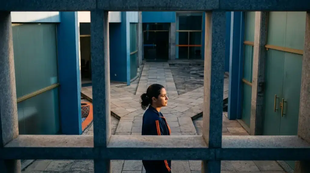 Mulher em perfil atravessando pátio de prédio público com caminhos de pedra e luz lateral